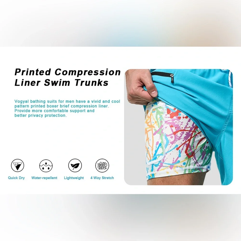 Mens Swim Trunks Quick-Dry Printed Compression Liner Zipper Pockets